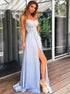 A Line Light Blue Spaghetti Straps Chiffon Lace Top Prom Dress with Slit LBQ1954